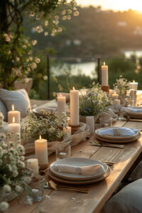 Celebrate the beauty of nature with a rustic, outdoor-inspired tablescape. Use wooden tables, minimal linens, and fresh greenery. Add soft lighting with candles to create a tranquil and intimate dining experience.