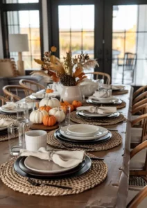 Bring the warmth of autumn to your table with neutral tones and natural elements. Woven placemats and beige linens pair beautifully with small white and orange pumpkins. A centerpiece made of dried foliage and pinecones completes this cozy, nature-inspired look. Perfect for a relaxed Thanksgiving setting.