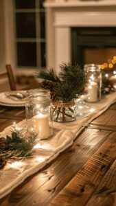 For a rustic yet magical atmosphere, use mason jars filled with candles as your main source of light. Pair these with pine branches, burlap runners, and fairy lights to create a warm, inviting tablescape. Ideal for an intimate dinner that feels straight out of a cozy cabin.