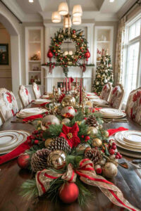 This centerpiece takes holiday elegance to the next level with a mix of gold ornaments, pinecones, and poinsettias. Red ribbons and candles bring a traditional Christmas feel to the table, while gold accents elevate the setup, making it both glamorous and celebratory.