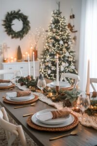 Embrace the beauty of a frosty winter setting with white linens, delicate greenery, and soft golden lighting. Pinecones and brass candlesticks add texture and warmth, making this a sophisticated choice for both Thanksgiving and Christmas celebrations.