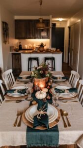 Wooden chargers, dark green napkins, and small gourds set the tone for this farmhouse-inspired design. Twine-wrapped napkins add a personal touch, while the warm glow of candles and a rustic centerpiece create a homely, welcoming vibe.