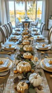 Make a bold statement with golden pumpkins and lush greenery. Spray-painted pumpkins add a luxurious touch, while pinecones and gold-rimmed dinnerware complete the look. This design is perfect for those who want their Thanksgiving table to sparkle.