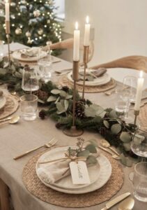 For a more intimate and romantic setup, focus on candles as your main feature. Pair them with soft floral arrangements and neutral dinnerware to keep the look cohesive. This design is perfect for an outdoor Thanksgiving celebration at sunset.