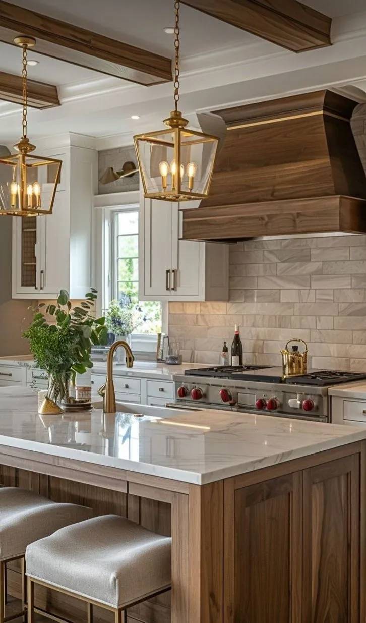 This kitchen combines white kitchen cabinets with rich walnut wood. Gold pendant lights and marble countertops add a modern, luxurious feel. The wood beams keep the design grounded in tradition. This mix of materials creates warmth and elegance.