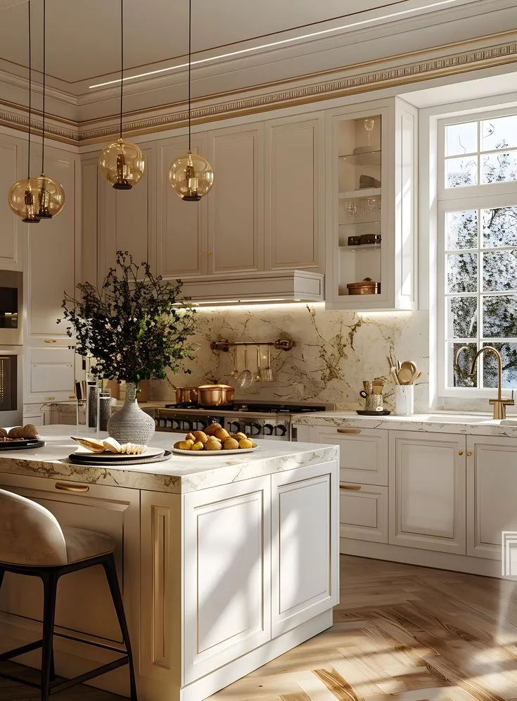 White cabinetry with gold accents creates a timeless look. Marble countertops and decorative molding add elegance. This setup feels fresh, clean, and perfect for kitchen remodel projects.