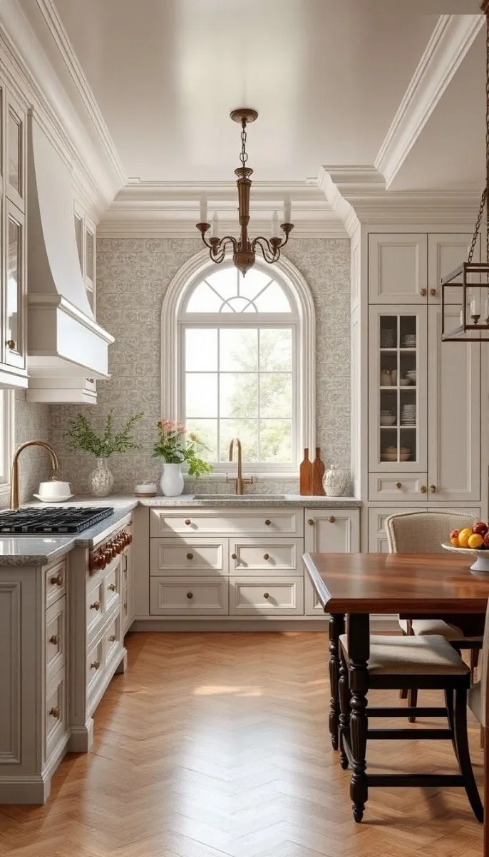 A large arched window floods this space with light. Beige cabinets, floral wallpaper, and brass hardware add softness and charm. The wood dining table ties everything together. This setup feels cozy yet refined, perfect for timeless kitchen decor ideas.