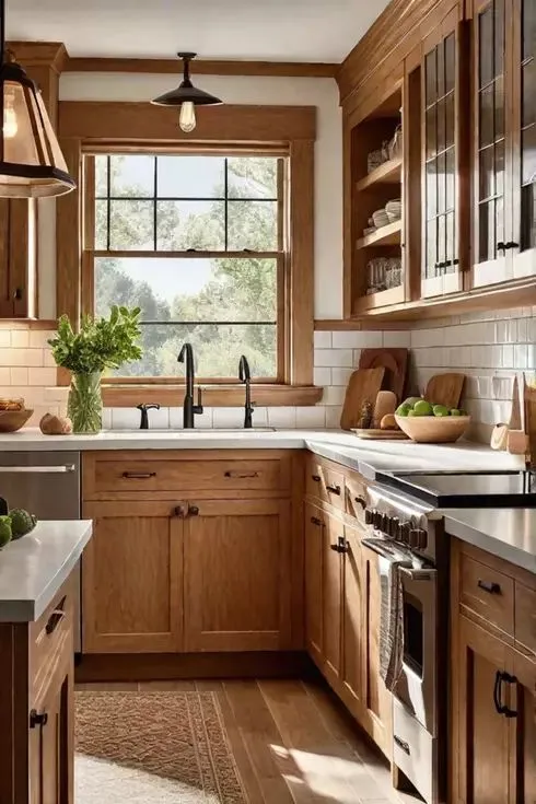 This kitchen highlights the beauty of natural wood. Exposed beams, paneled cabinets, and brass accents create a rustic vibe. The classic appliances blend seamlessly into the design. This idea shows how to use wood in kitchen renovation projects.