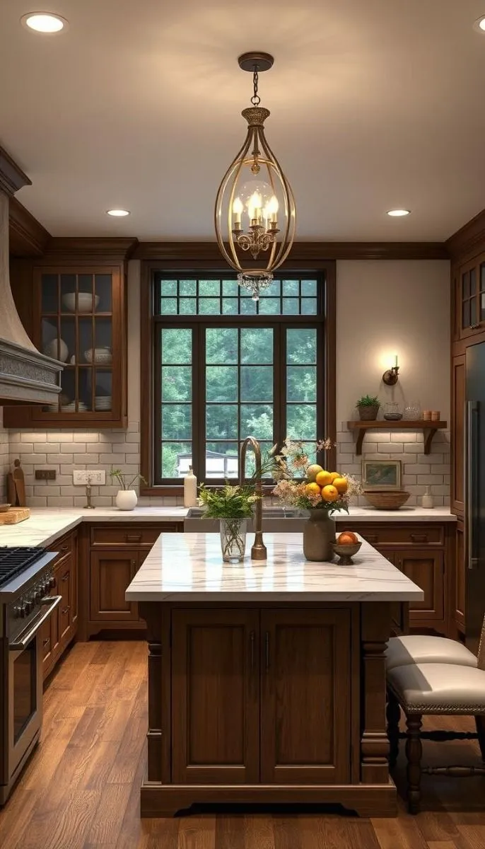 This kitchen highlights the beauty of natural wood. Exposed beams, paneled cabinets, and brass accents create a rustic vibe. The classic appliances blend seamlessly into the design. This idea shows how to use wood in kitchen renovation projects.