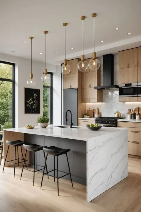 Glossy marble finishes and flat-panel cabinets define this bright space. Brass accents add warmth to the minimalist design. Clean lines make this kitchen feel spacious and contemporary. Perfect for a simple modern kitchen design.