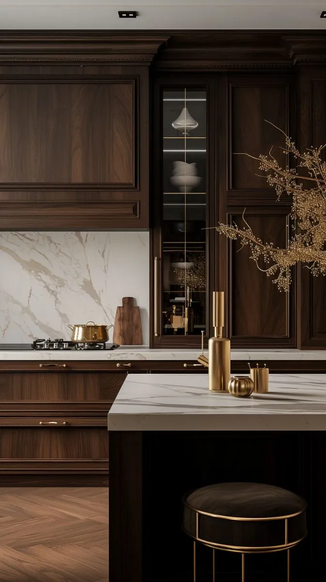 Mahogany cabinets and gold hardware create a dramatic look. The marble backsplash softens the darker tones. This combination feels modern yet luxurious. An excellent choice for bold kitchen decor ideas.