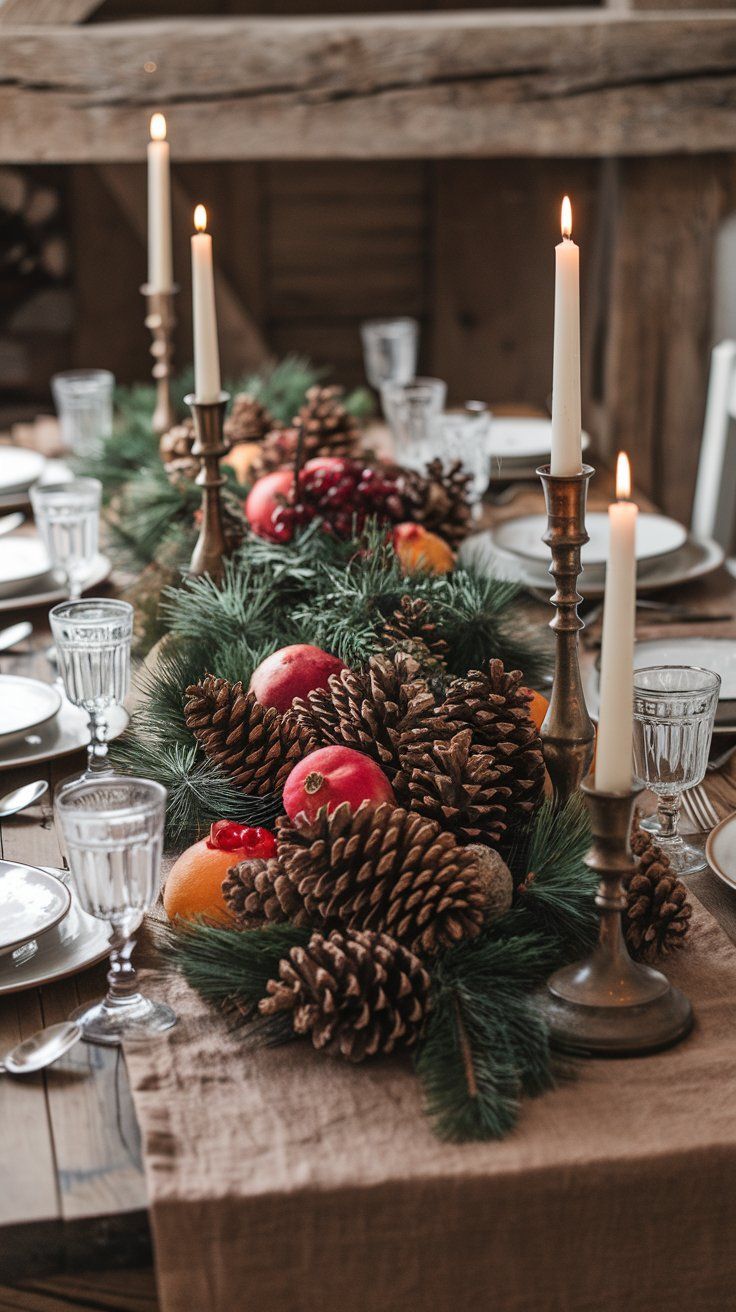 This centerpiece takes holiday elegance to the next level with a mix of gold ornaments, pinecones, and poinsettias. Red ribbons and candles bring a traditional Christmas feel to the table, while gold accents elevate the setup, making it both glamorous and celebratory.