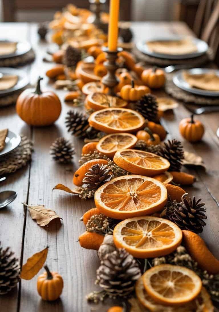 Bring the warmth of autumn to your table with neutral tones and natural elements. Woven placemats and beige linens pair beautifully with small white and orange pumpkins. A centerpiece made of dried foliage and pinecones completes this cozy, nature-inspired look. Perfect for a relaxed Thanksgiving setting.