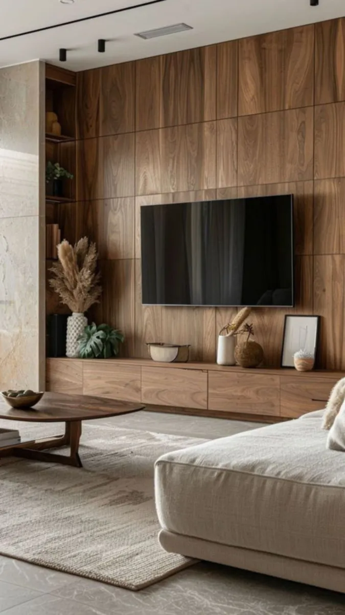 Modern Wooden Accent Wall A sleek TV wall design with rich wooden panels that span floor-to-ceiling. Minimalist decor with vases and pampas grass adds warmth and sophistication to the space, perfect for modern living rooms.