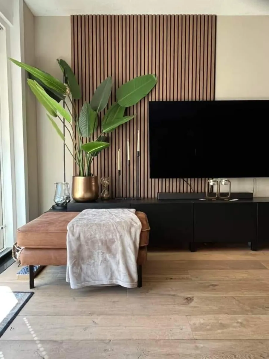 Balanced Simplicity A clean TV wall with light wood tones and a focus on symmetry. The addition of a large tropical plant introduces a lively contrast to the otherwise neutral palette.