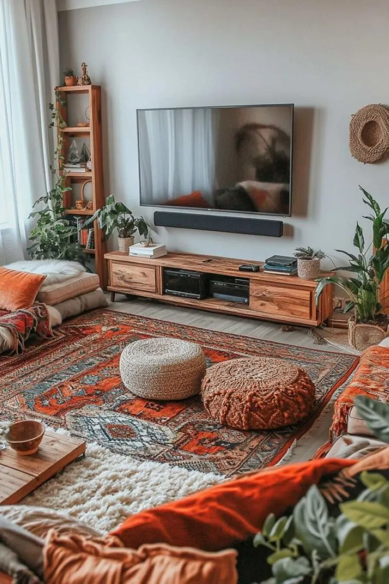 Bohemian Vibrance An eclectic TV wall featuring warm wooden furniture, a large screen, and colorful rugs. Surrounding greenery and cozy poufs create a welcoming, boho-inspired atmosphere.