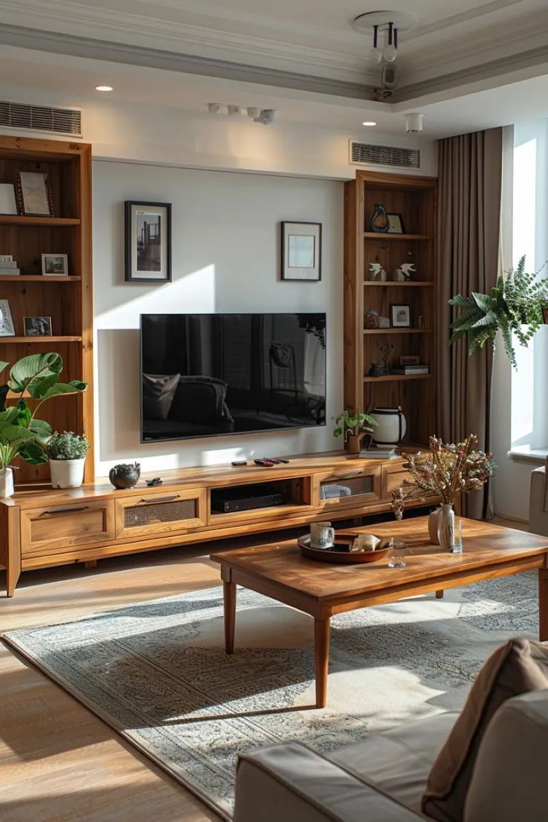 Classic Shelving Symmetry This design integrates the TV into a symmetrical shelving unit. Wooden tones and framed photos give the wall a timeless, elegant vibe while maximizing storage options.