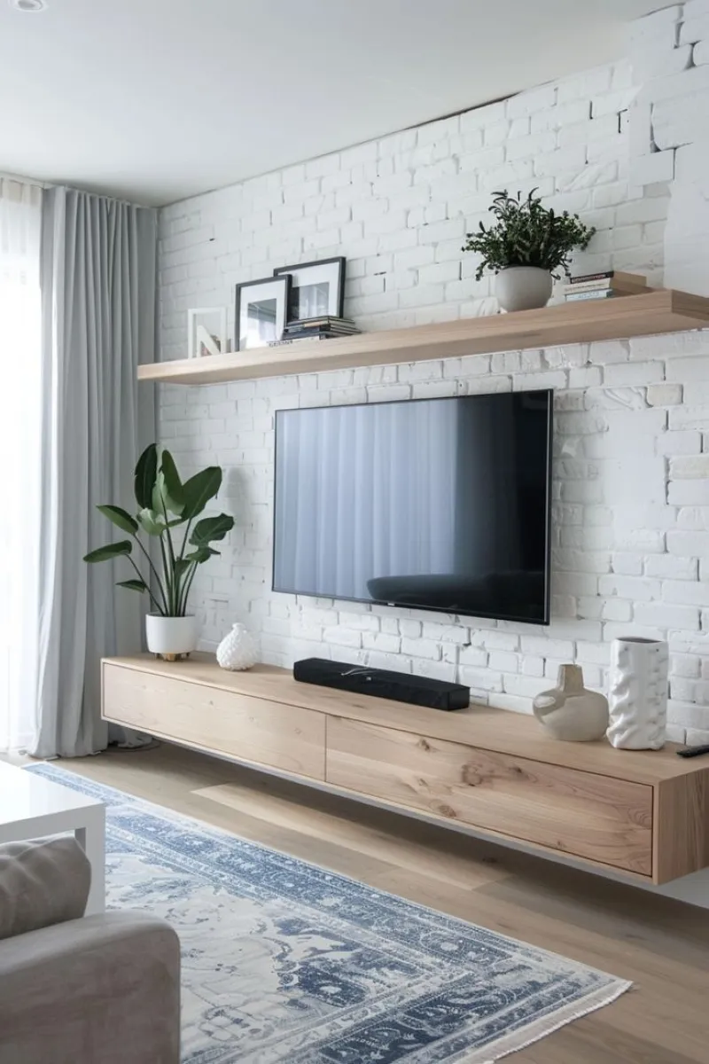 White Brick Elegance A bright TV wall with whitewashed bricks, a wooden shelf for decor, and a simple console. This design emphasizes lightness and simplicity, ideal for Scandinavian-inspired homes.