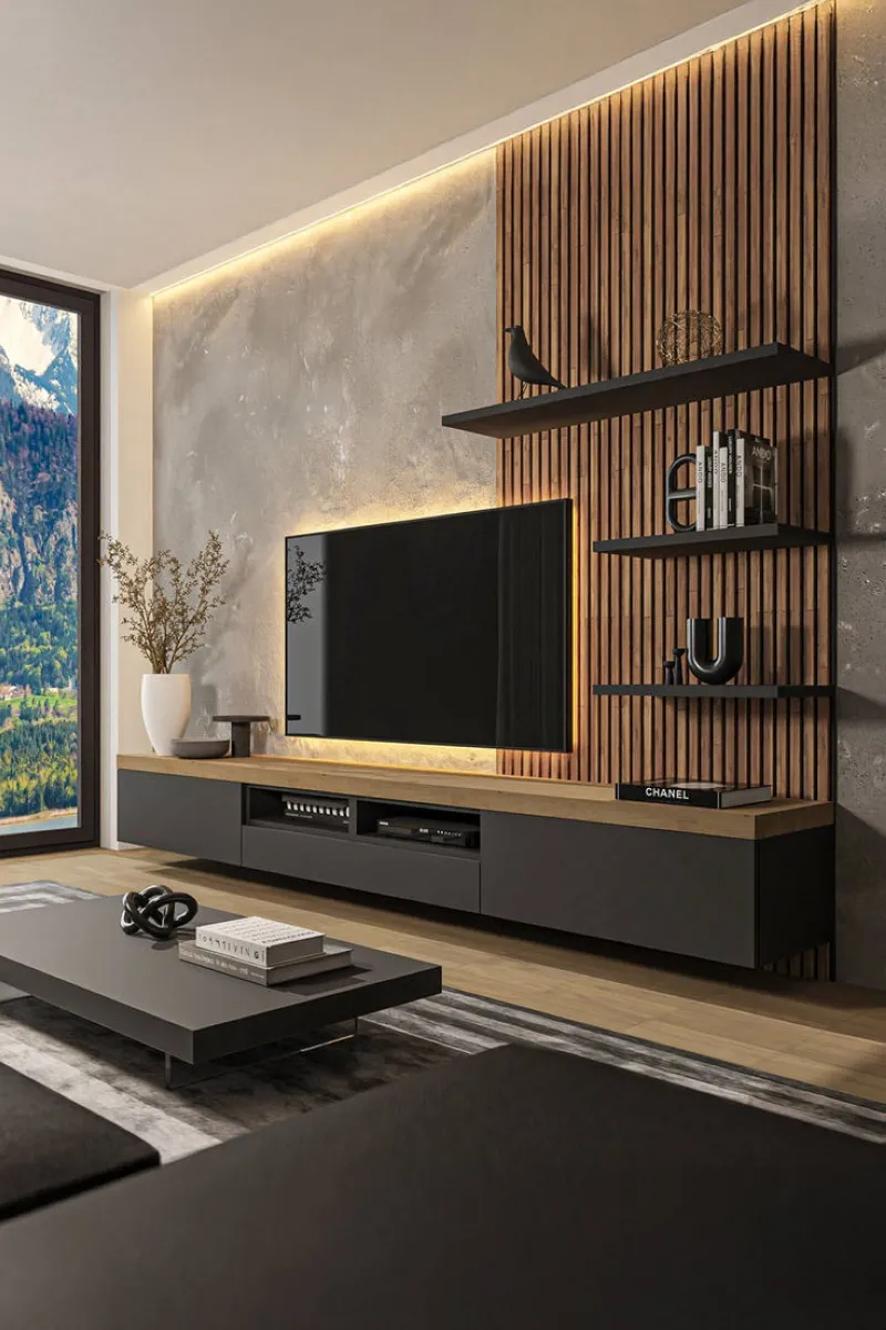 Textured Contrast A textured concrete wall paired with wooden accents and backlit shelving. This design achieves a balance of raw and refined elements, creating a visually stunning backdrop for the TV.