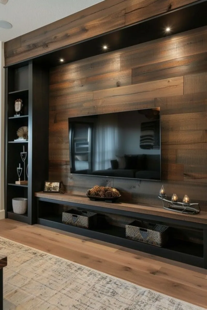 Rustic Warmth A rustic wood-clad TV wall with integrated lighting and black details for contrast. The design radiates warmth and sophistication, blending well with industrial or farmhouse interiors.