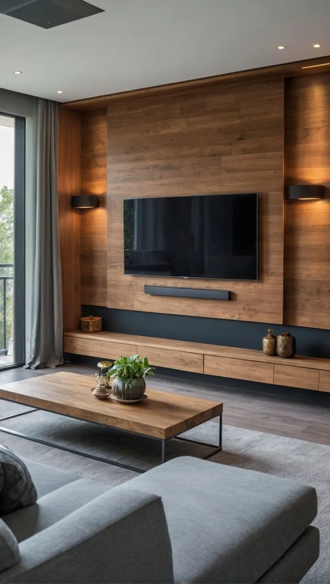 Nature-Inspired Minimalism A living room featuring vertical wood slats, a mounted TV, and greenery. The vertical lines elongate the space while the plants add a refreshing touch, merging natural and modern aesthetics.