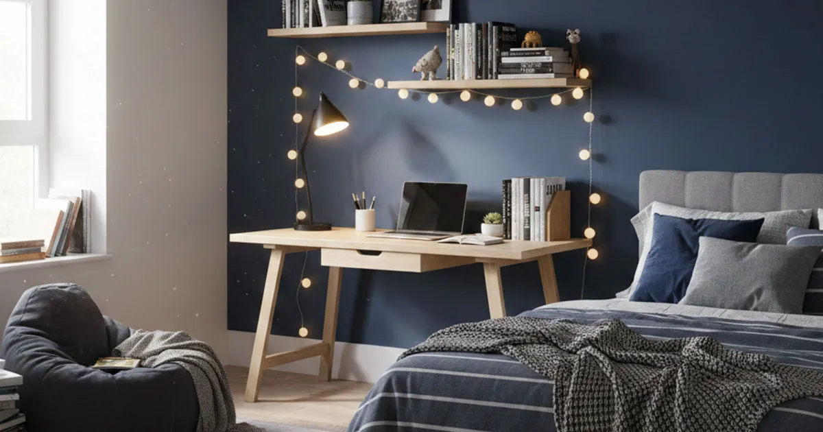 Modern teenage boy's bedroom with navy blue accent wall, natural wood desk, warm lighting, and functional study area showing mature design