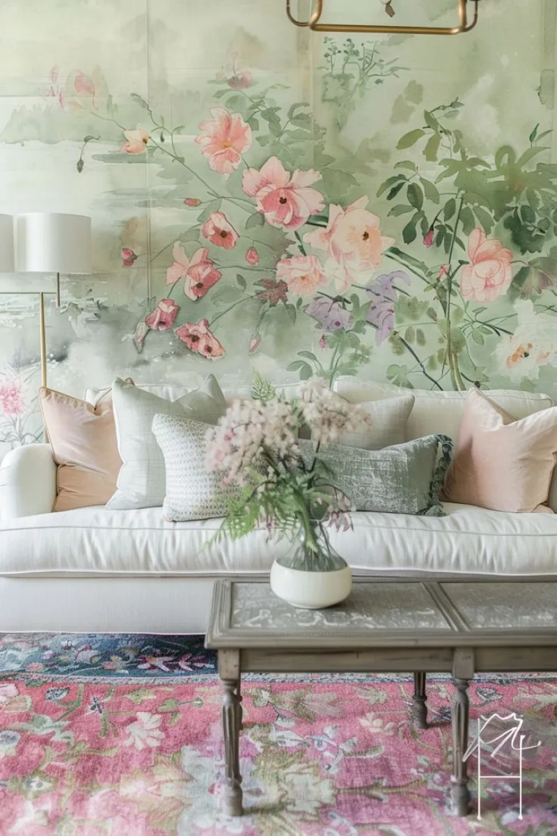 Bursting with pastel hues, this 3D wallpaper showcases an intricate floral design that complements the airy white sofa. The mix of vintage-inspired elements like the ornate rug and pastel cushions creates a refreshing yet sophisticated space. 