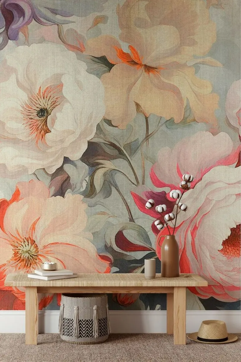 Dramatic and eye-catching, this wallpaper showcases oversized floral motifs in rich colors. Paired with minimalist furniture, the bold patterns become the centerpiece, adding depth and character to the room. 