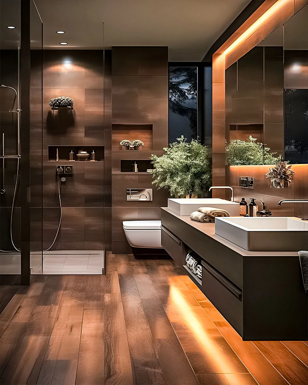 Earthy Luxe: Deep Tones and Dramatic Lighting - Earthy tones are on the rise, and when paired with innovative lighting, they create a bathroom aesthetic that’s both cozy and high-end. This trend is perfect for anyone looking to mix natural elements with modern design.