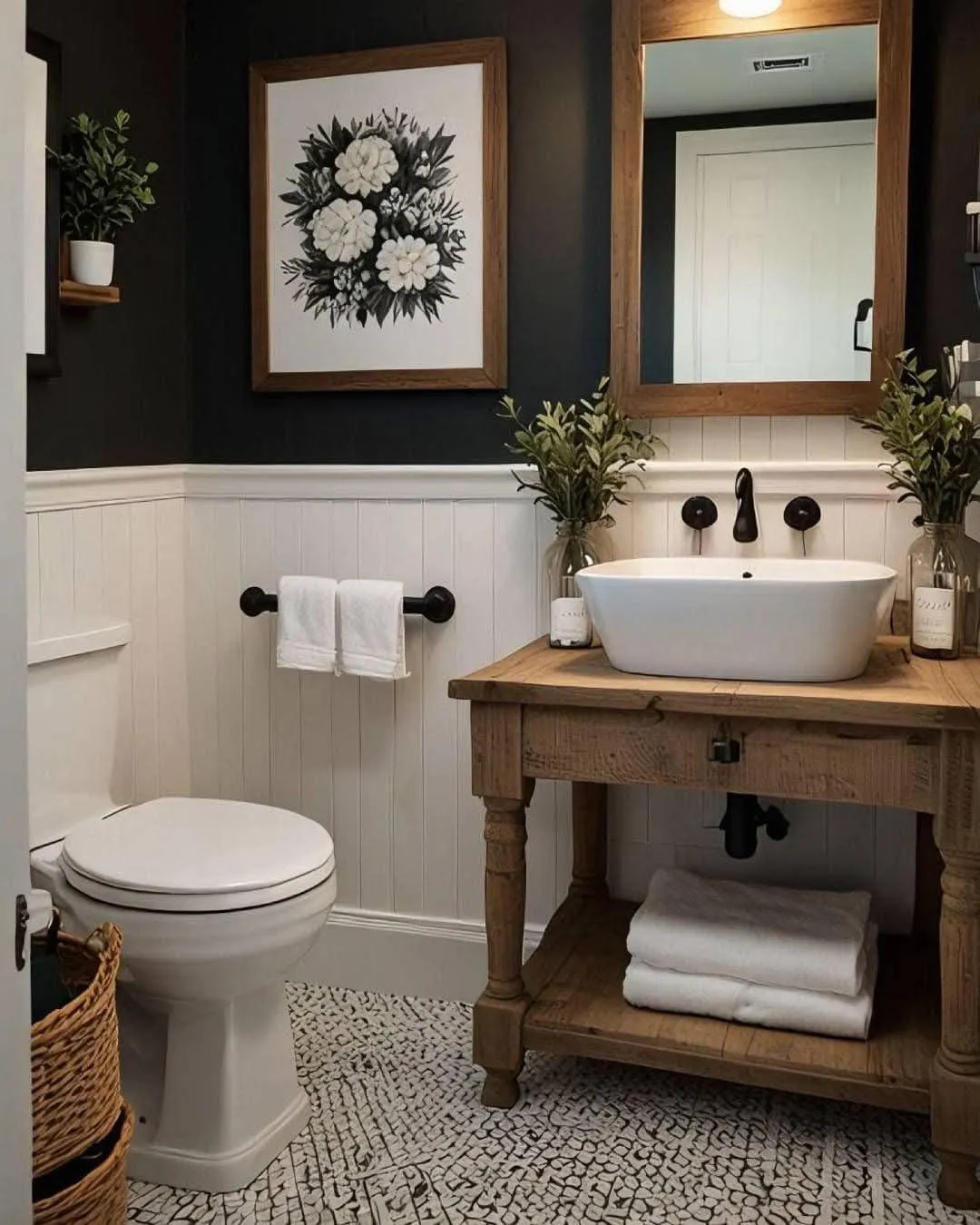 Farmhouse Charm Meets Modern Utility: Farmhouse style is getting a modern update with darker accent walls, matte black fixtures, and a focus on functionality. It’s a trend that feels cozy yet polished, perfect for those who want a bathroom aesthetic that’s both practical and beautiful.