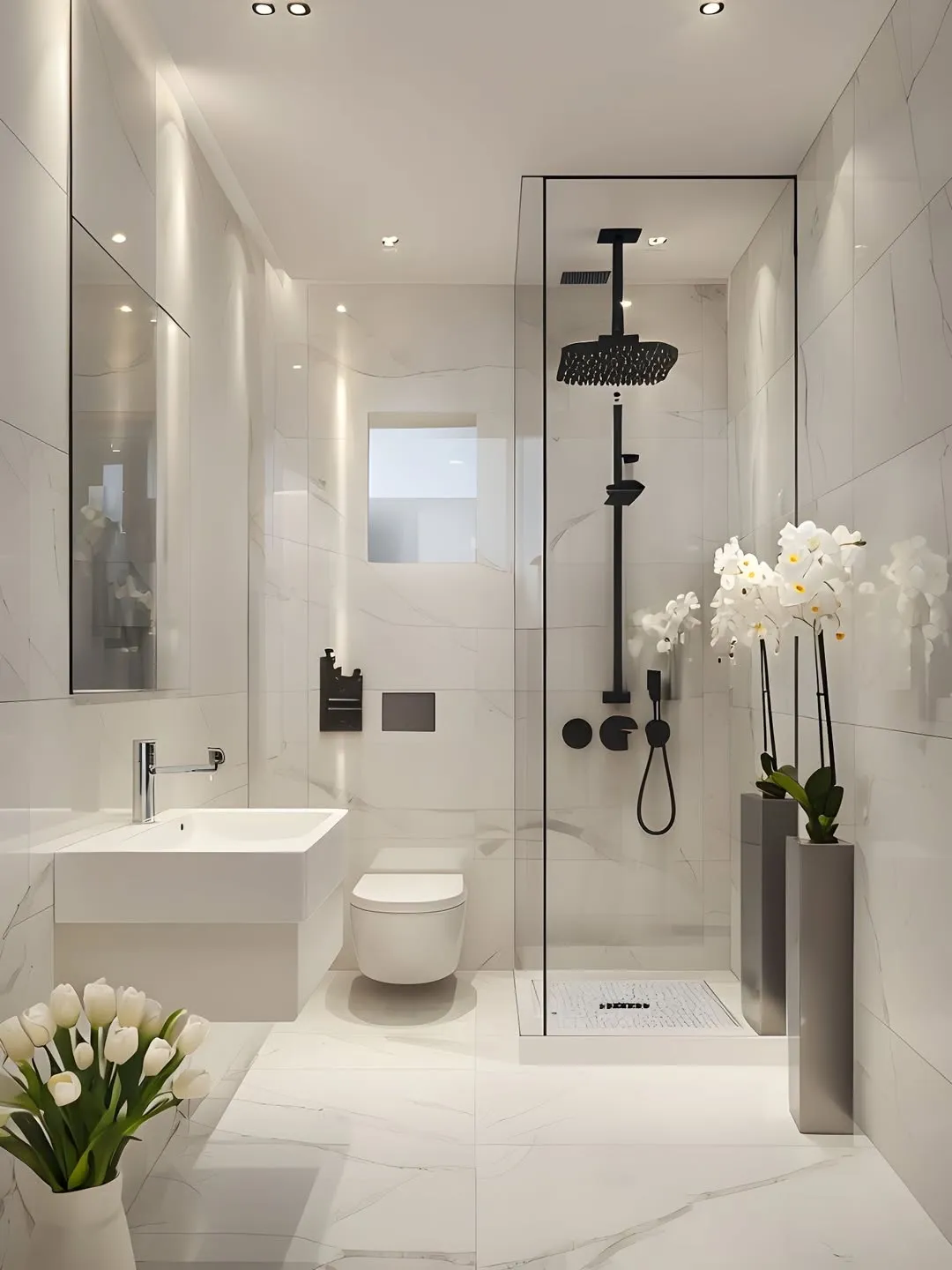 Modern White with Botanical Accents - White bathrooms are getting a refresh with bold accents—think black, gold, or even terracotta—and organic touches like plants or woven baskets. It’s a trend that feels fresh yet timeless, perfect for those who want a luxury bathroom vibe without the hefty price tag.