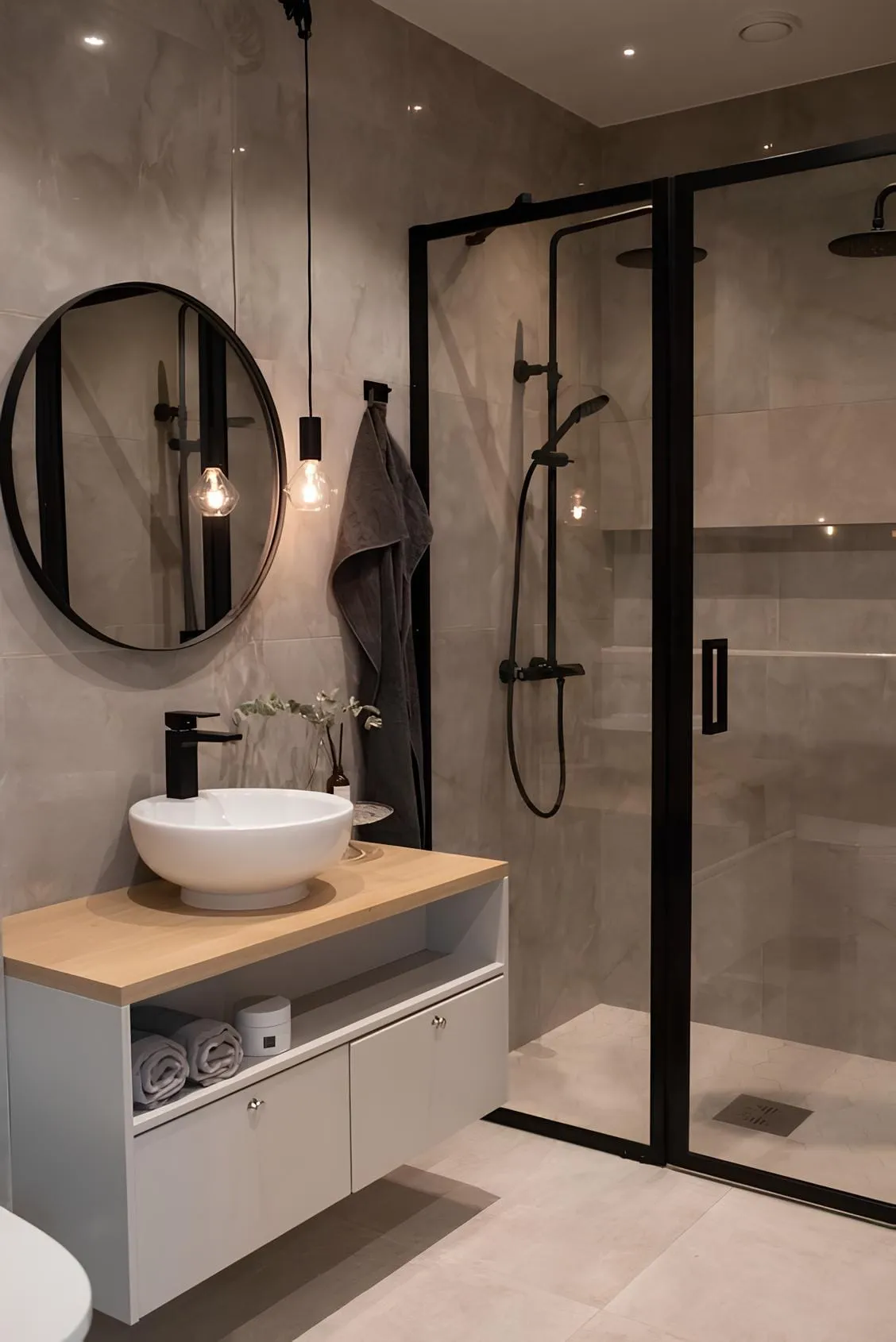 Industrial Chic with Warm Tones - Industrial design is shifting toward warmer tones—think light wood, brass, and soft lighting—to balance its traditionally edgy vibe. It’s a trend that feels both modern and inviting, perfect for those who love modern bathroom ideas with a bit of grit.