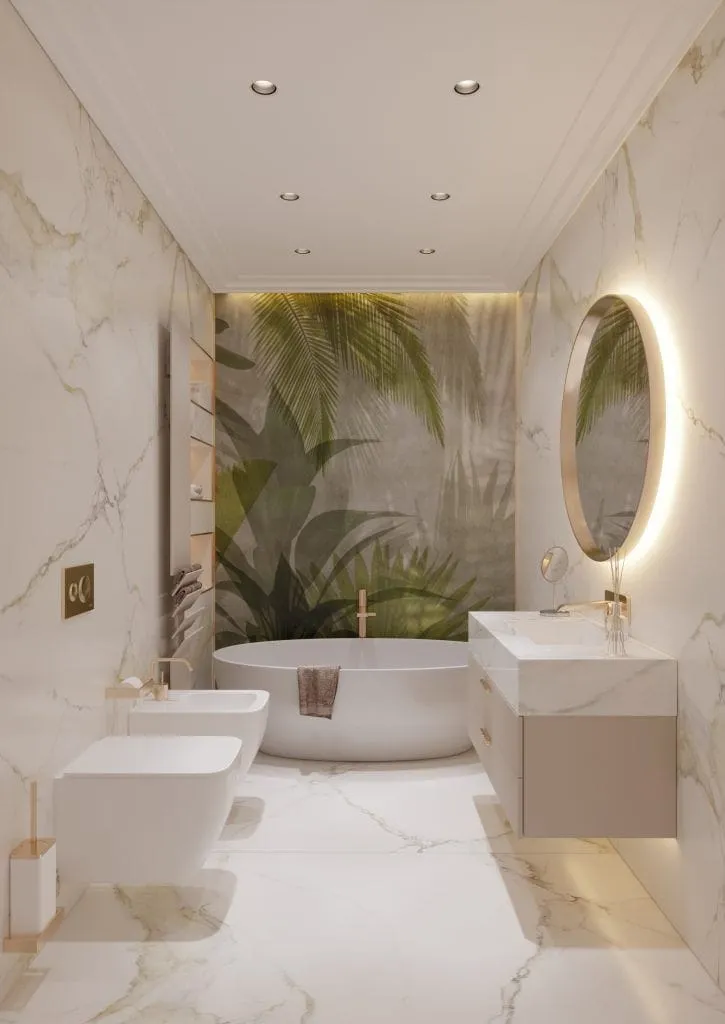 Tropical Paradise: A Bold Bathroom Aesthetic Statement - Bold, nature-inspired prints—like tropical leaves or floral murals—are replacing generic accent walls, adding personality and a sense of escapism to small spaces. It’s a trend that’s perfect for those who want their bathroom to feel like a vacation.