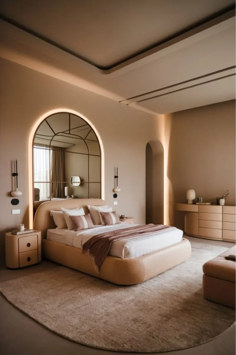 Curves aren’t limited to living rooms. The arched headboard and soft furnishings in this bedroom bring the trend into a restful space. The neutral tones and curved lighting fixtures further enhance the seamless and tranquil vibe. 