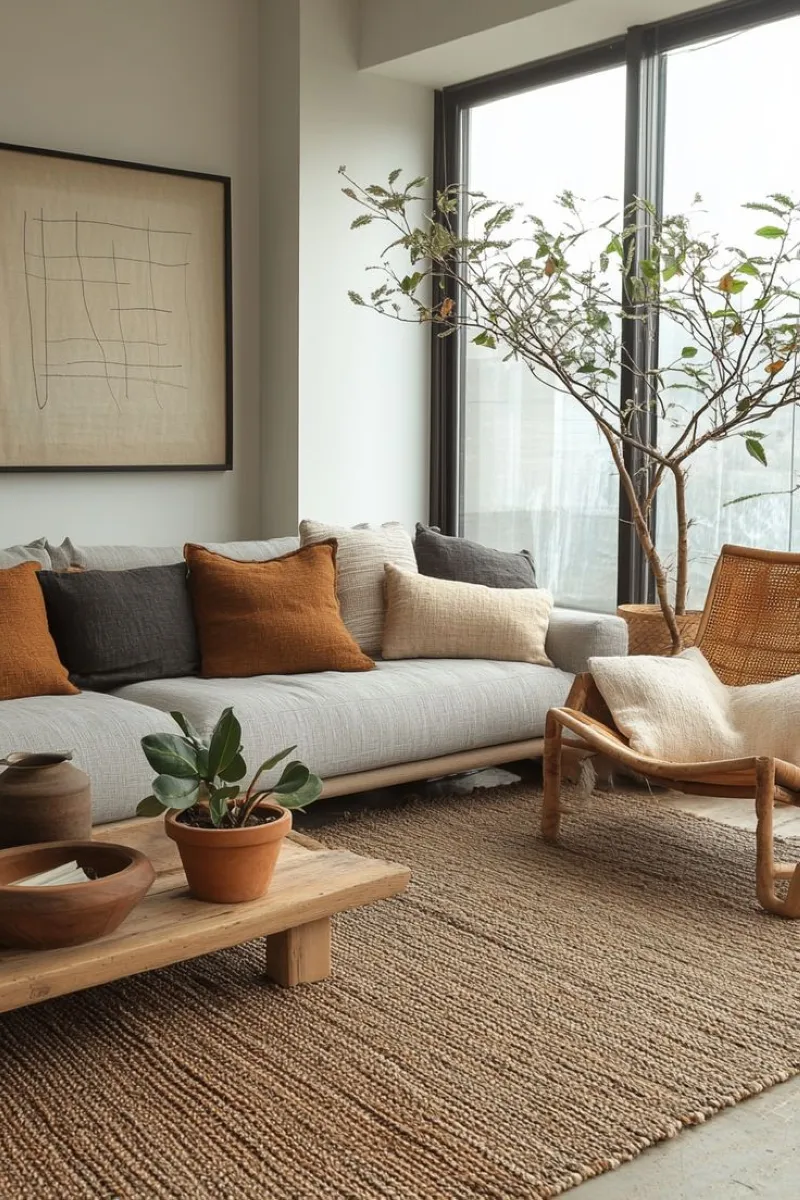 In this living room, the earthy palette creates a serene environment. The mix of soft beige and warm terracotta tones, paired with natural textures like jute rugs, adds depth without overwhelming the space. The simple wooden coffee table ties the look together, offering a cohesive and calming ambiance. 