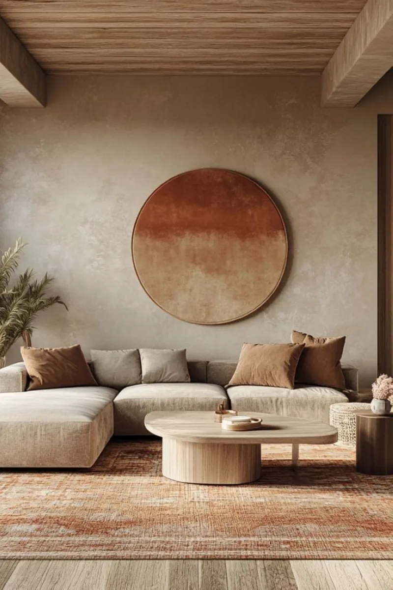 A bold, circular artwork in rust tones anchors this space, perfectly complementing the neutral furniture and textured rug. The walls and ceiling in muted beige allow the warm tones to pop, while the wooden coffee table and pampas grass add organic balance. 