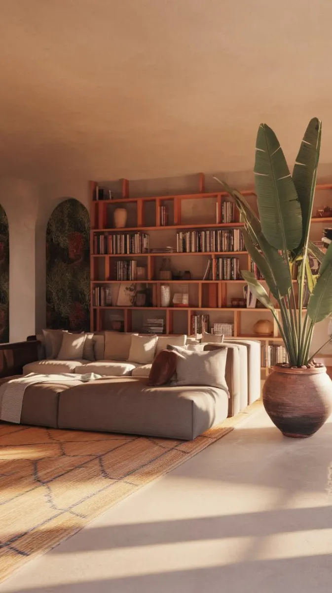 This living room highlights the beauty of layering earthy shades. The soft gray couch serves as a neutral base, while pops of cinnamon and ochre in the pillows and throws add vibrancy. The woven furniture and large indoor plant bring a natural, earthy vibe to the modern layout. 