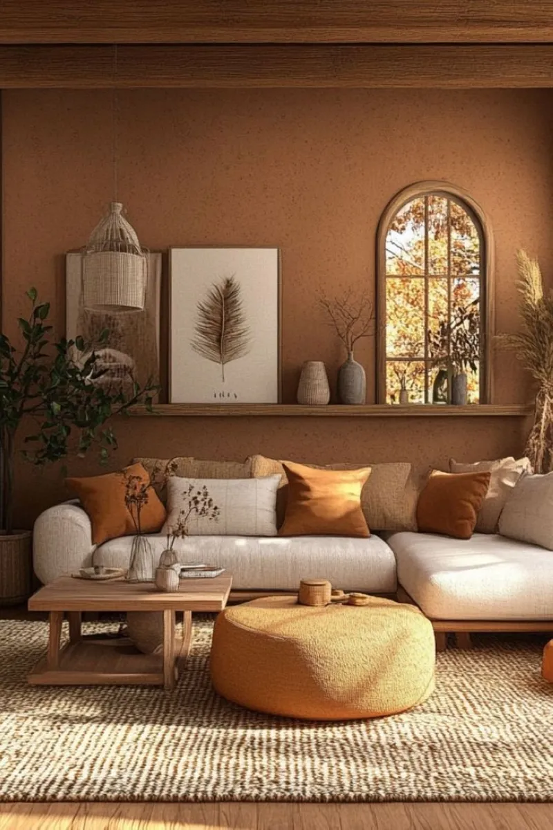 Here, a mix of warm tones and rustic elements creates a cozy retreat. The orange ottoman, paired with natural wood and beige tones, adds a playful yet sophisticated touch. Subtle decor elements like botanical prints and a woven lamp complete the look, emphasizing the charm of earthy hues. 