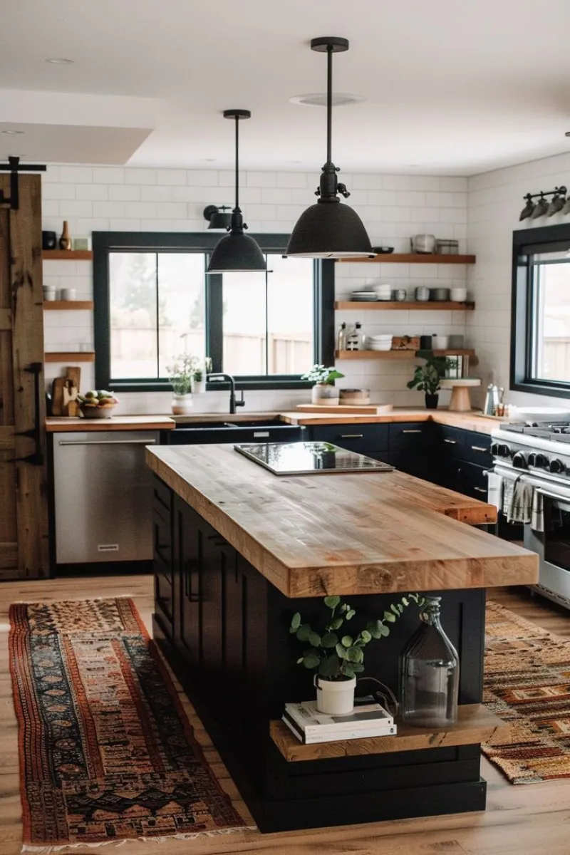 Industrial Charm with Rustic Wood and Metal Accents This industrial-inspired kitchen island combines a robust wood countertop with sleek black light fixtures. The balance between the raw materials and polished finish creates a bold yet cozy kitchen style. To save costs, consider repurposing old furniture or using salvaged wood for the countertop. Black pendant lights can be a budget-friendly addition to enhance the overall aesthetic.