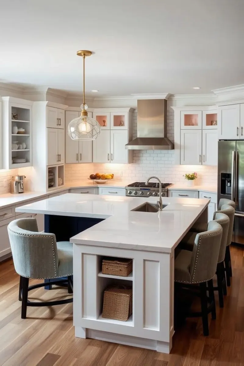 Classic Elegance with Cushioned Seating This white kitchen island exudes timeless elegance, enhanced by soft cushioned chairs and golden lighting fixtures. The subtle open shelving adds storage without compromising style. To replicate this design on a budget, swap out regular stools for secondhand upholstered chairs, and add a coat of gold spray paint to outdated fixtures for a luxurious touch. 