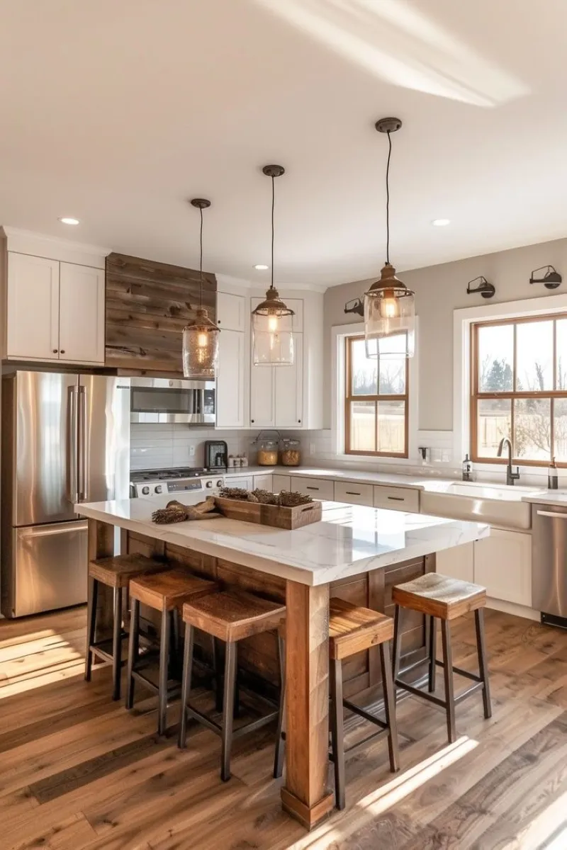 Rustic Modern Blend with Reclaimed Materials This kitchen island incorporates reclaimed wood for its base, paired with a sleek marble countertop for a rustic-modern aesthetic. The contrast between textures creates visual interest. Save money by sourcing secondhand marble remnants for smaller surfaces and using leftover wood from other projects.