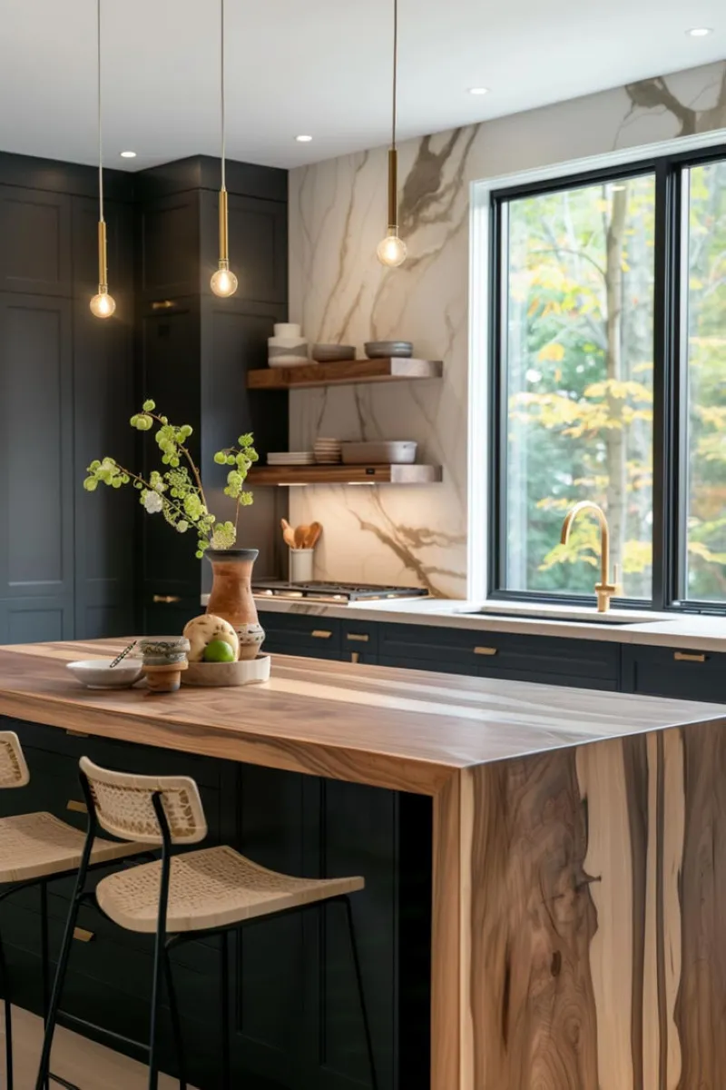 Natural Elegance with Wood and Pendant Lighting The striking wooden countertop paired with minimalist pendant lights creates a bold yet inviting centerpiece for any open kitchen. The contrast between natural wood grains and black cabinets enhances the overall kitchen style. Save on wood countertops by sourcing reclaimed materials or considering laminate alternatives that mimic the look of real wood.