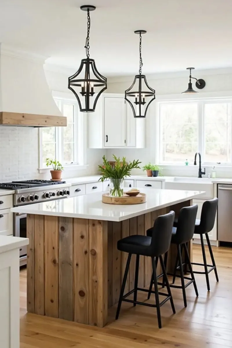 Rustic Meets Modern with Reclaimed Wood This rustic kitchen island features reclaimed wood paneling and black bar stools, perfectly blending farmhouse charm with modern elements. The white countertop balances the natural tones, creating an airy, open kitchen vibe. If you're working with a limited budget, upcycle old pallets for the wood paneling and refresh them with a light sanding and stain.