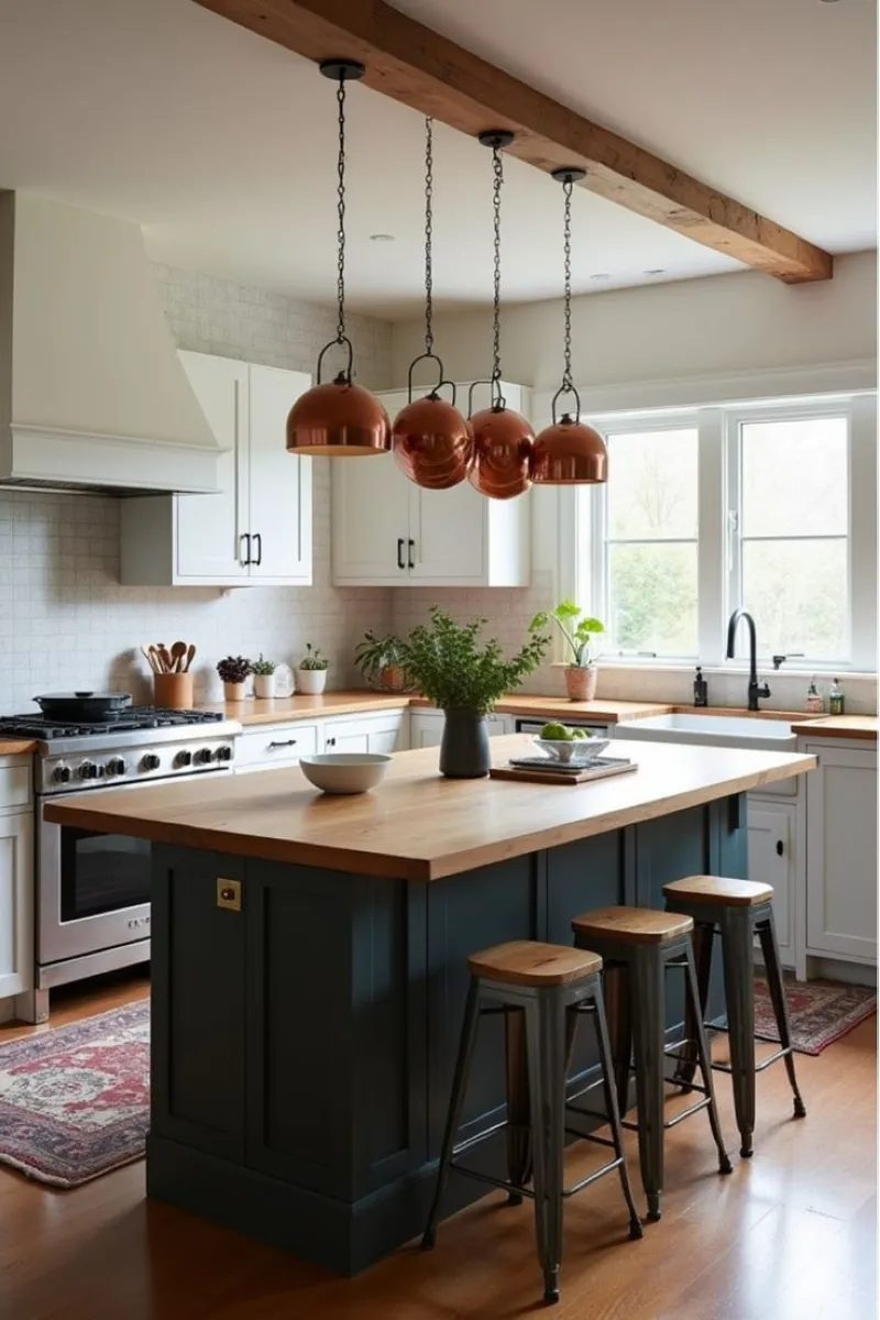 Copper Accents and Farmhouse Charm Copper pendant lights steal the show in this cozy kitchen design, complemented by a wooden countertop and classic cabinetry. The mix of warm metals and rustic tones creates a homely yet stylish ambiance. For a budget-friendly upgrade, look for copper-colored spray paint to refresh old light fixtures or accessories, and add secondhand stools to keep costs down.