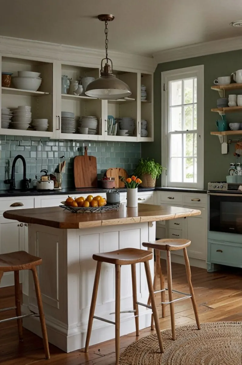 Vintage Green and Natural Tones This charming kitchen island combines vintage green cabinetry with natural wood and soft textures. Open shelving keeps the space functional yet visually appealing. Save money by painting your cabinets a calming green shade and repurposing baskets or jars for open shelving storage solutions.