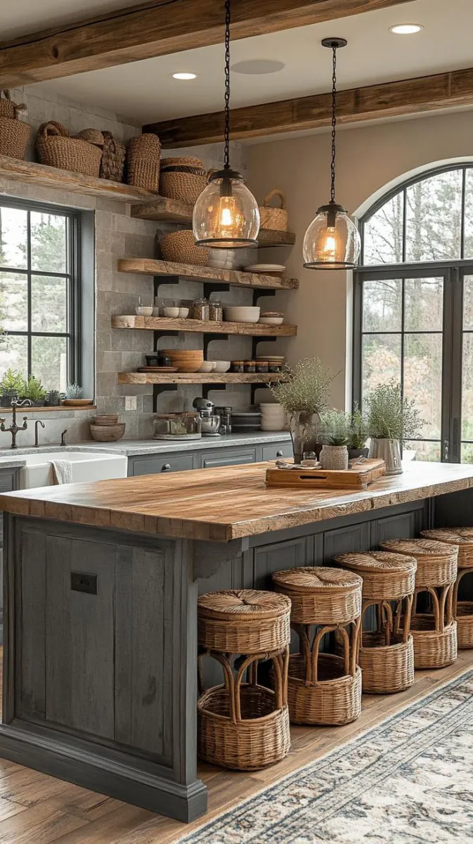 Marble Luxe on a Budget This stunning marble kitchen island exudes luxury with its clean design and natural texture. Paired with rustic stools, it strikes the perfect balance between elegance and warmth. For a similar look at a fraction of the cost, opt for marble-effect contact paper or laminate countertops. 