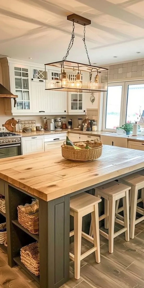 Rustic Baskets and Warm Lighting A farmhouse-inspired island with wicker basket stools and rustic lighting creates a warm, inviting vibe. The combination of wood textures and practical storage is ideal for family-friendly kitchens. Save by sourcing secondhand baskets and updating their look with a coat of paint or varnish.