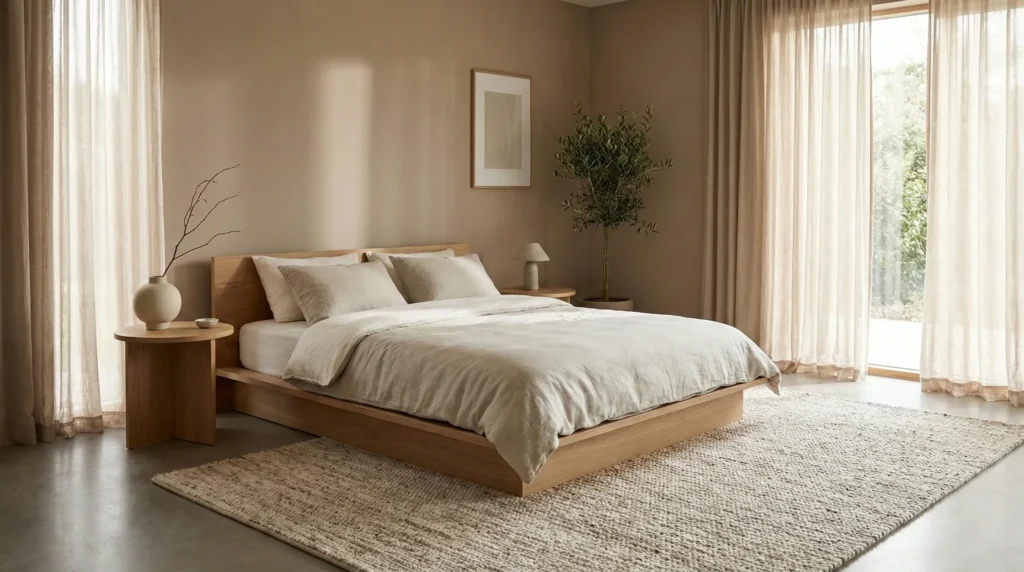Discover the Japandi color palette with muted earthy tones. Learn how to use beige, taupe, cream, charcoal, deep green, and navy to create a harmonious and calming bedroom design.