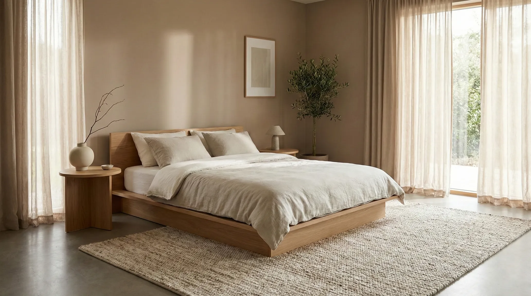Discover the Japandi color palette with muted earthy tones. Learn how to use beige, taupe, cream, charcoal, deep green, and navy to create a harmonious and calming bedroom design.