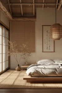 The Japandi style thrives on neutral tones and natural materials, as showcased here with light wood flooring and a low-profile bed frame. Soft textiles like linen bedding and a woven jute rug amplify the room’s tactile appeal, creating a serene environment. A large pendant lamp in organic textures draws attention upward, blending functionality and artful design. Natural light flows through the space effortlessly, emphasizing the connection between indoors and outdoors—a fundamental element of Japandi aesthetics.